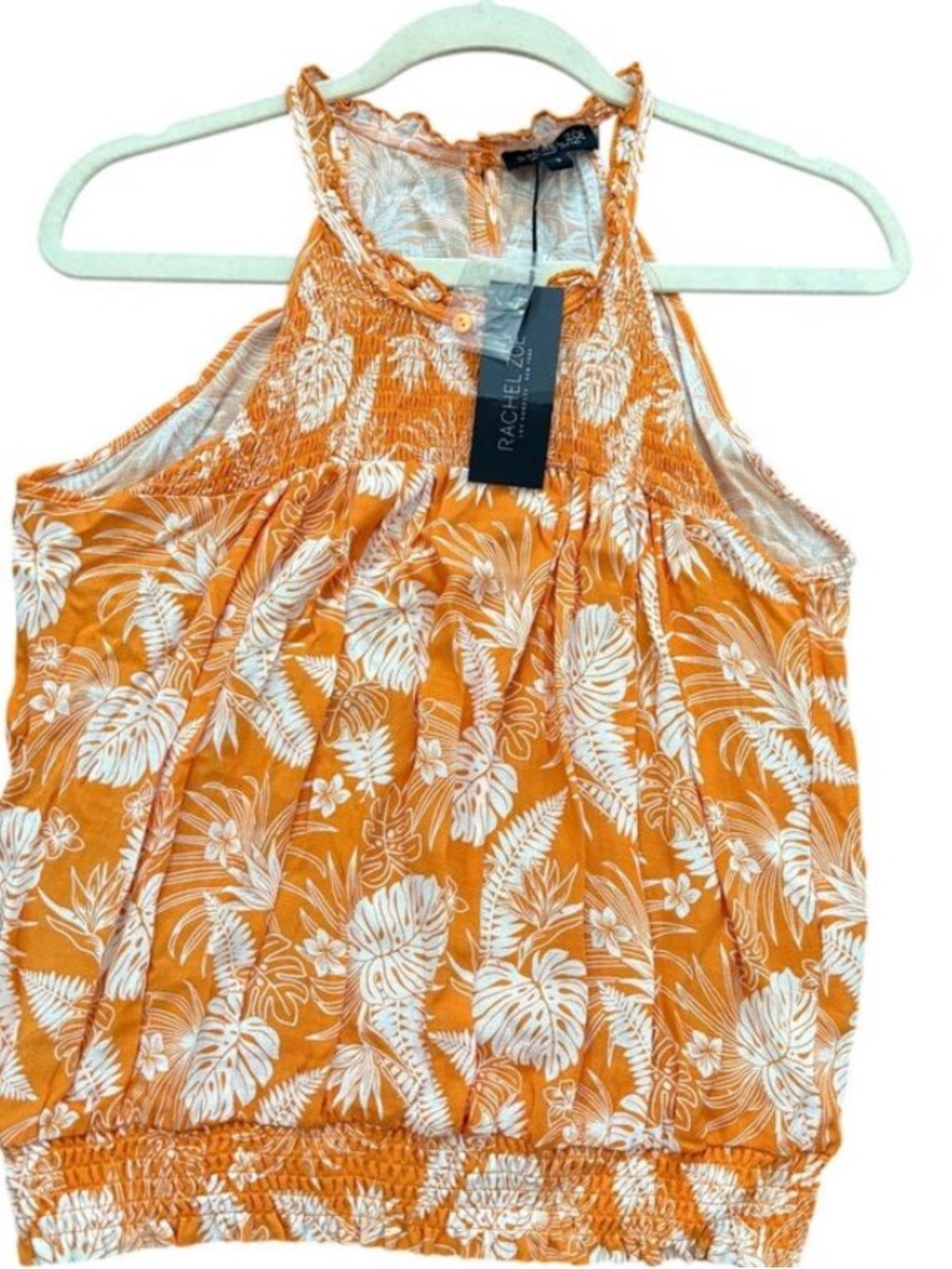 NWT Rachel Zoe Halter Tank Top Banded Elastic Bottom Tropical Orange White